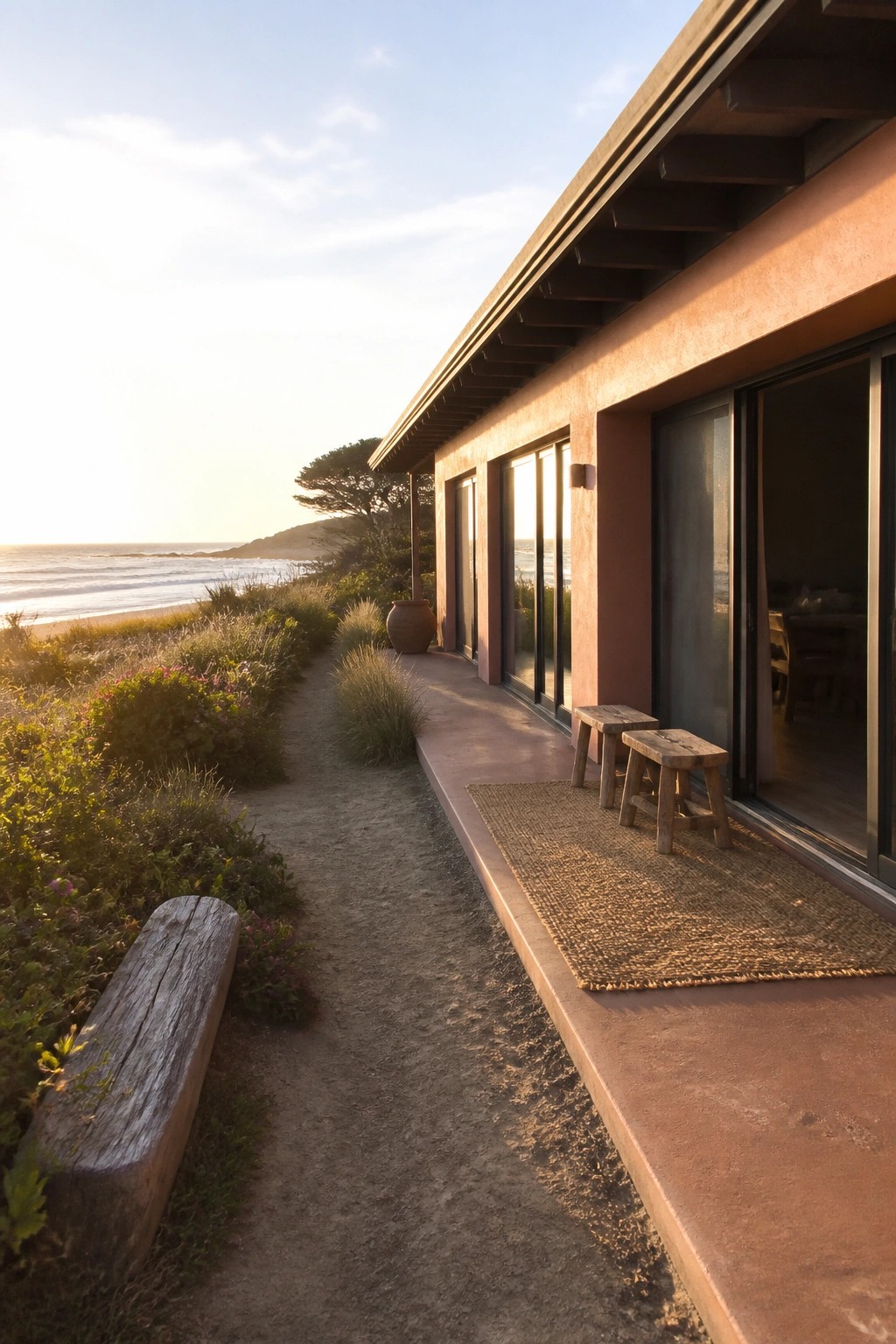 A single-story ranch house with orange stucco walls, a low roof overhang, and large sliding glass doors faces a coastal path and ocean.