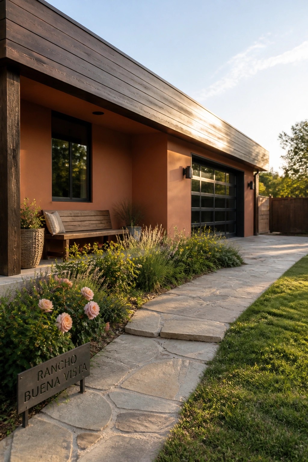 A single-story ranch house exterior with orange walls, dark horizontal wood siding on the roof overhang, black-framed windows and garage door, a stone pathway, and flowering plants along the front.