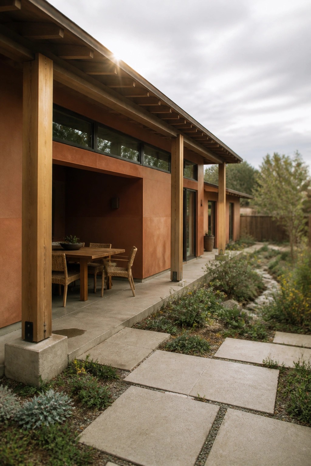 A single-story ranch house with orange stucco walls, wooden support posts, a covered outdoor dining area, and concrete pavers running through a garden.