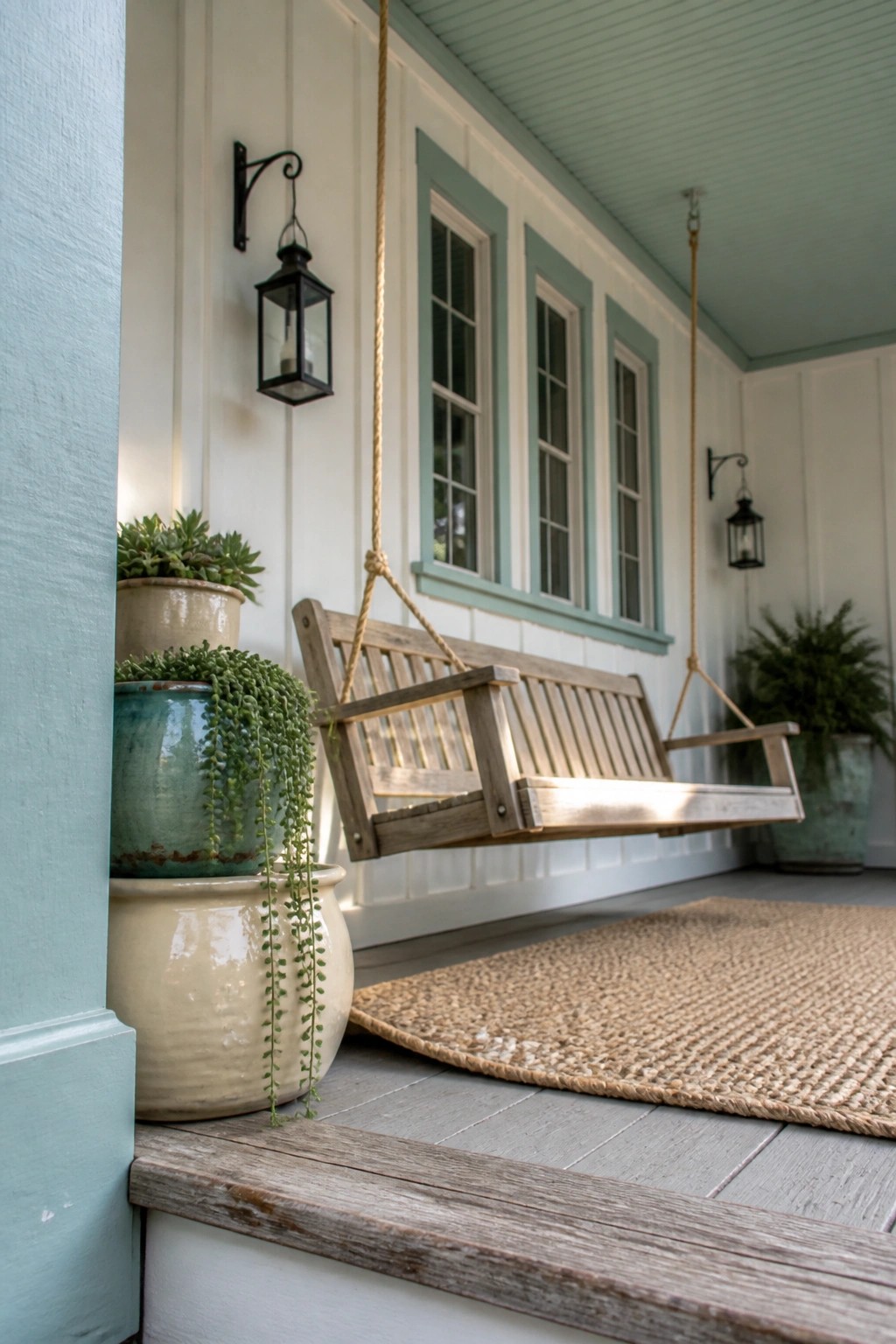 A wooden porch swing suspended by ropes sits on a light teal house with white board-and-batten siding, next to potted plants and a woven rug.