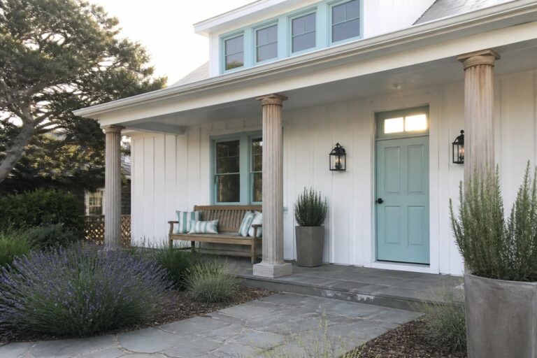 White house porch with light blue door, wooden bench, potted plants, and lavender.