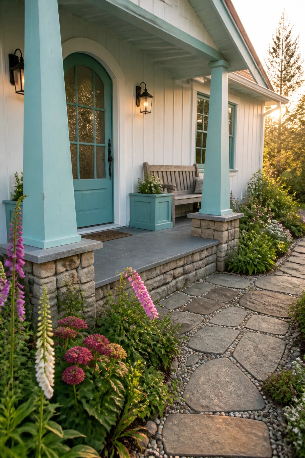 A white board-and-batten house exterior with light teal porch columns, arched front door, and trim, plus a stone porch base and pathway.