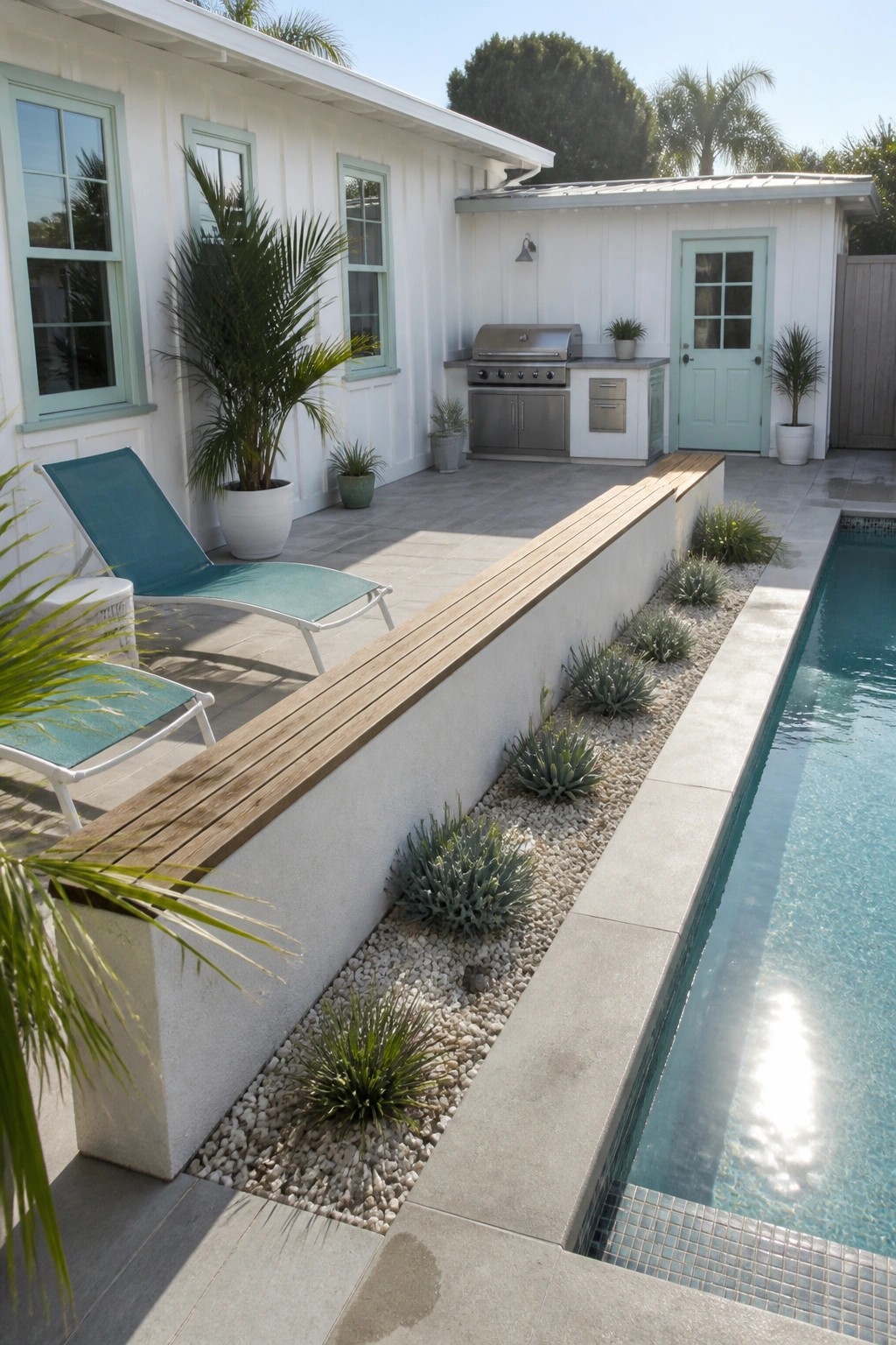 A white board-and-batten house exterior with light teal windows and door, an attached outdoor kitchen, lounge chairs, and a long rectangular pool.