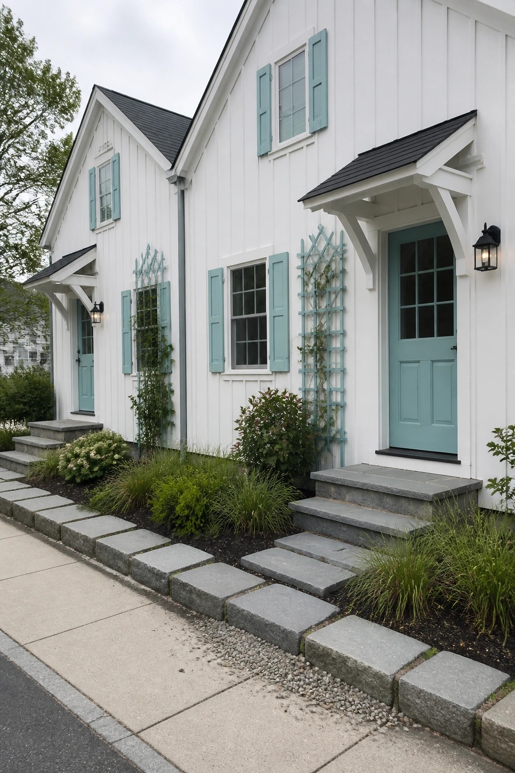 White house with teal doors, shutters, black roof, and stone steps.