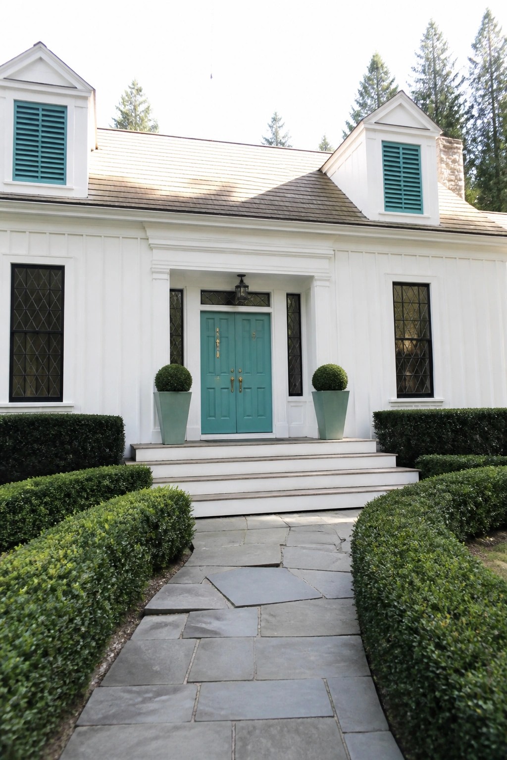 A white board-and-batten house with light teal double front doors, matching teal shutters on the gables, white steps, and a stone walkway bordered by green hedges.