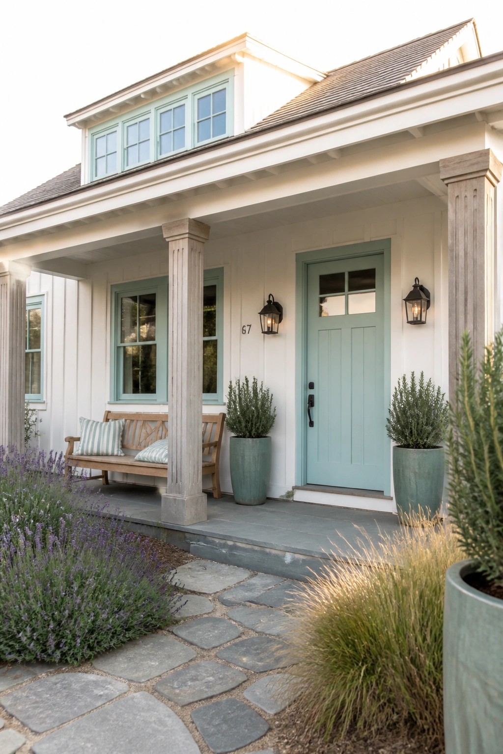 White house porch with light blue door, wooden bench, potted plants, and lavender.