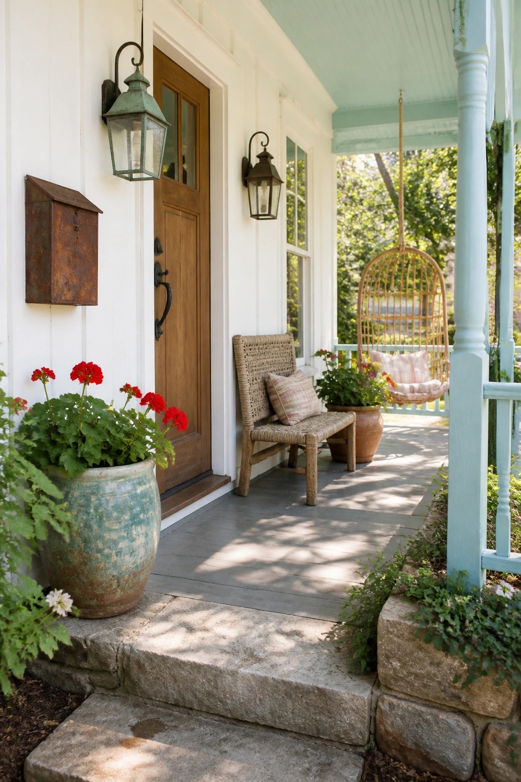 Front porch of a white board-and-batten house with light teal ceiling and posts, wooden door, stone steps, potted red flowers, and a hanging chair.