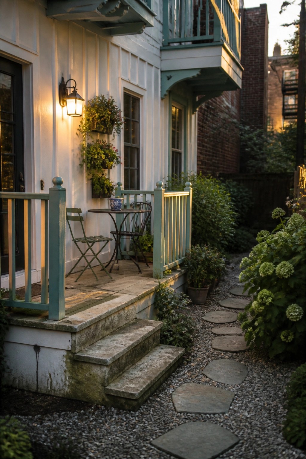 A white board-and-batten house exterior with light teal trim, a small porch with a table and chair, and a gravel path lined with stepping stones.