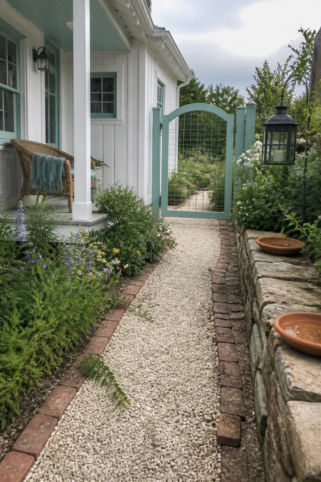 A white board-and-batten house exterior with light teal window frames and an arched gate opening onto a gravel path lined with brick edging and garden beds.