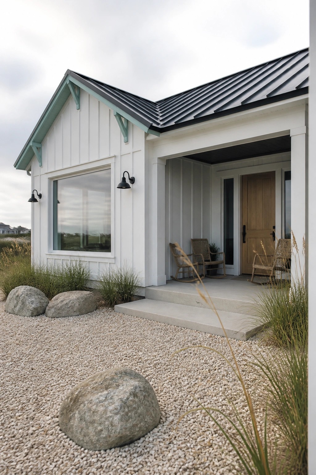 A white board-and-batten house with light teal trim on the eaves and brackets, a black metal roof, and a covered porch with rocking chairs.