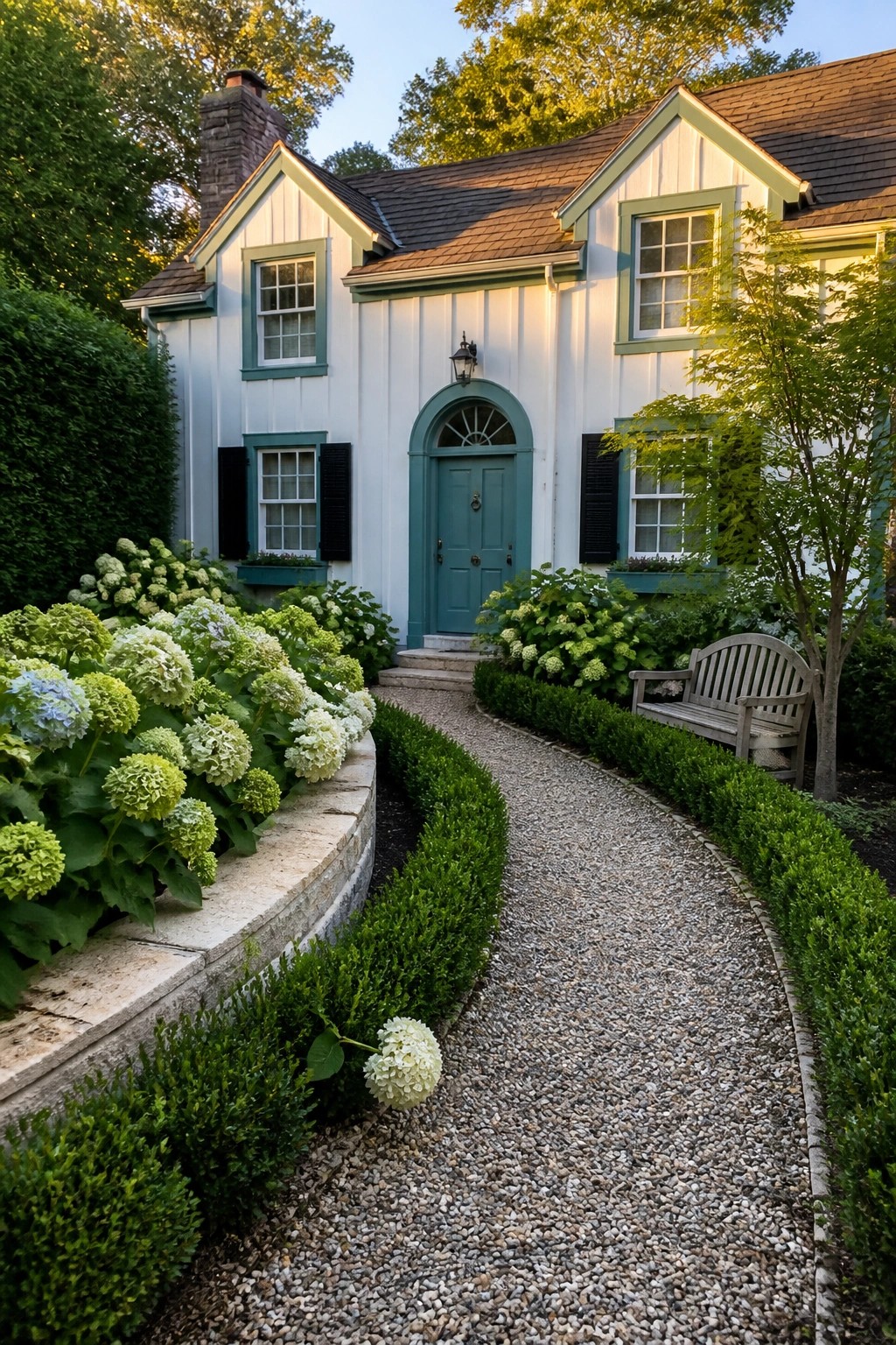 A white board-and-batten house exterior with light teal door and window trim, a gravel path, and surrounding green shrubs and hydrangeas.