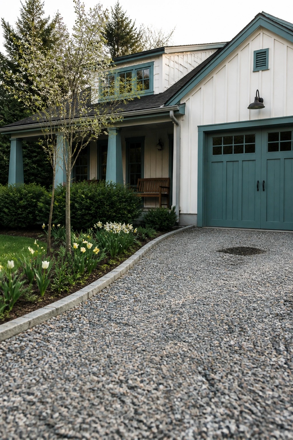 A house exterior with white board-and-batten siding, light teal trim and columns, teal garage doors, and a gravel driveway beside garden beds.