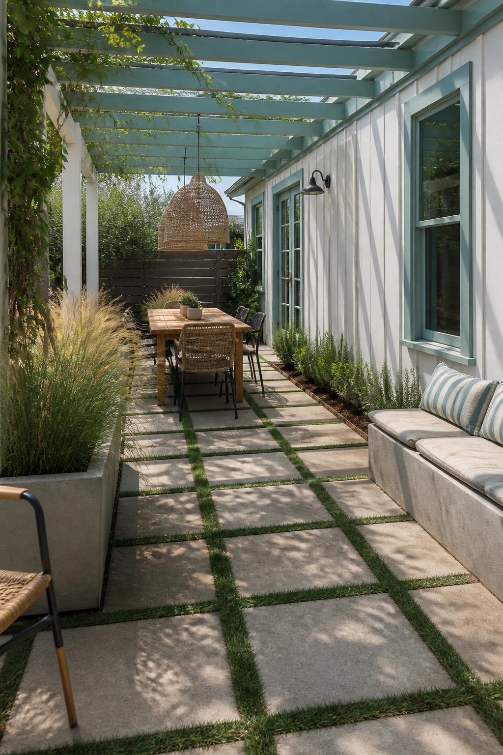 A covered patio with light teal pergola attached to a white board-and-batten house, featuring a wooden dining table, woven chairs, and built-in concrete bench seating.