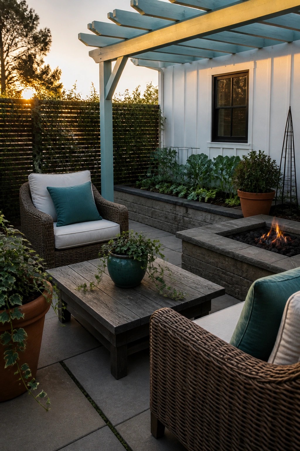 Wicker chairs and table beside stone fire pit under blue pergola at sunset