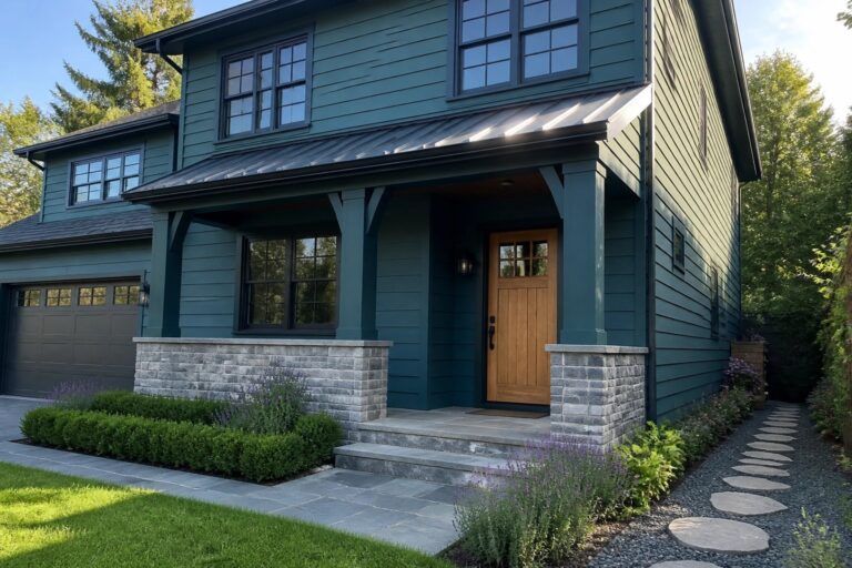 Two-story teal house with wooden door, stone columns, porch, garage, and pathway.