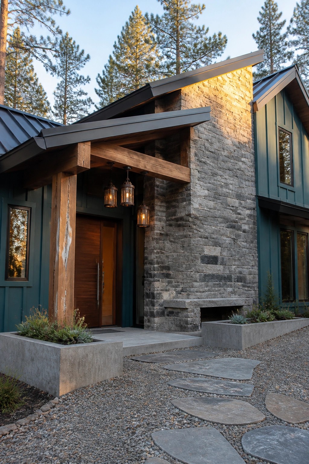 Modern home entrance with stone chimney, wooden beams, teal siding, lanterns, and stone path