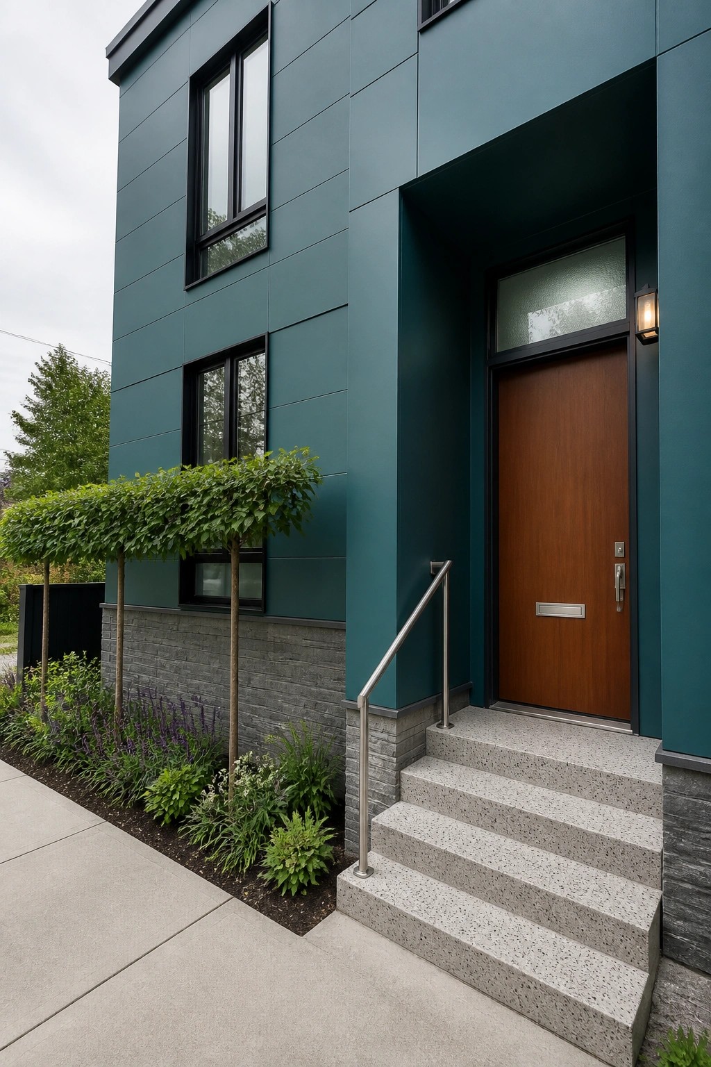 Modern teal home with wooden door, concrete steps, metal rail, and garden plants