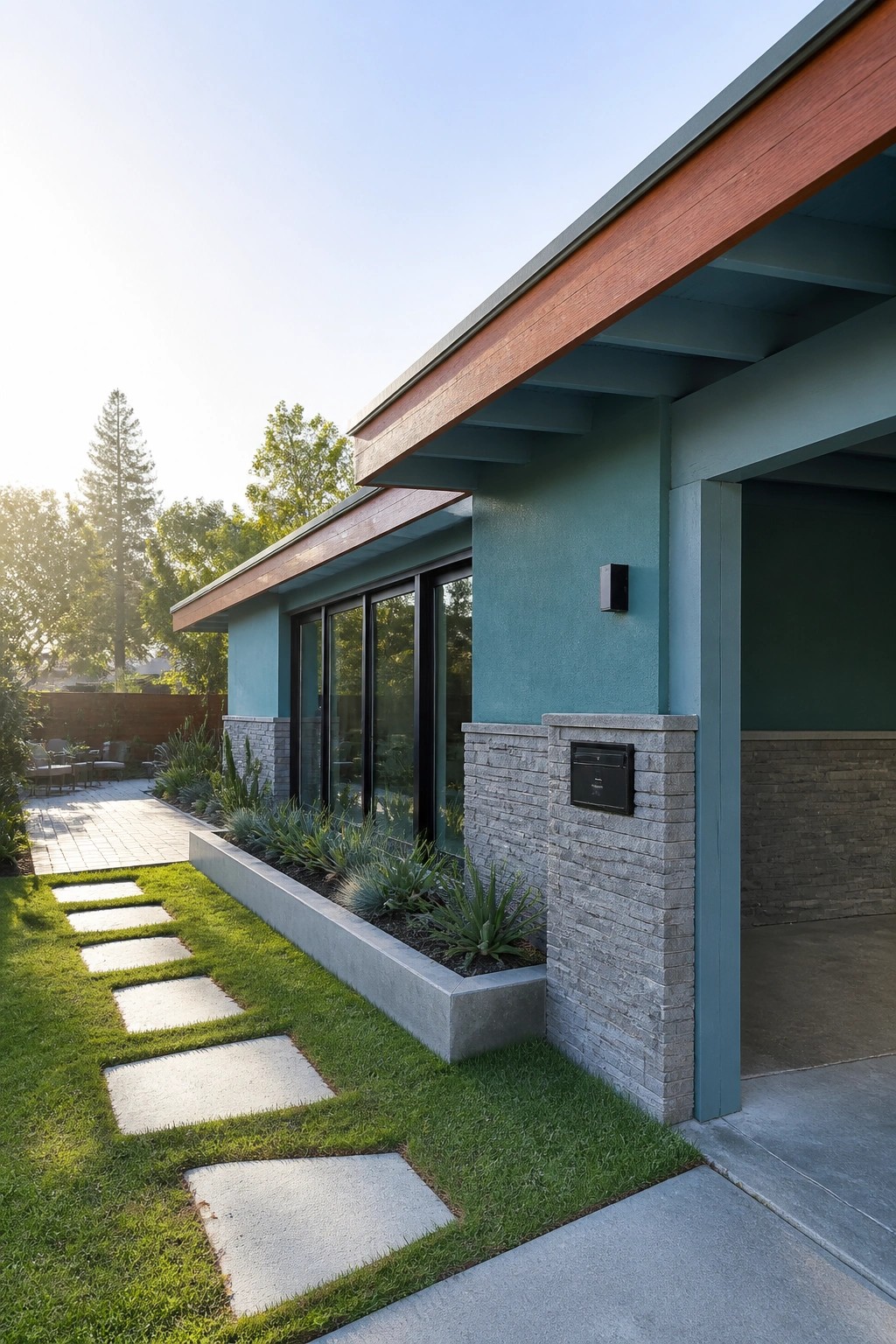 A teal house exterior with gray stone veneer accents on the pillars and lower walls, black-framed windows, and a concrete planter bed along the front.