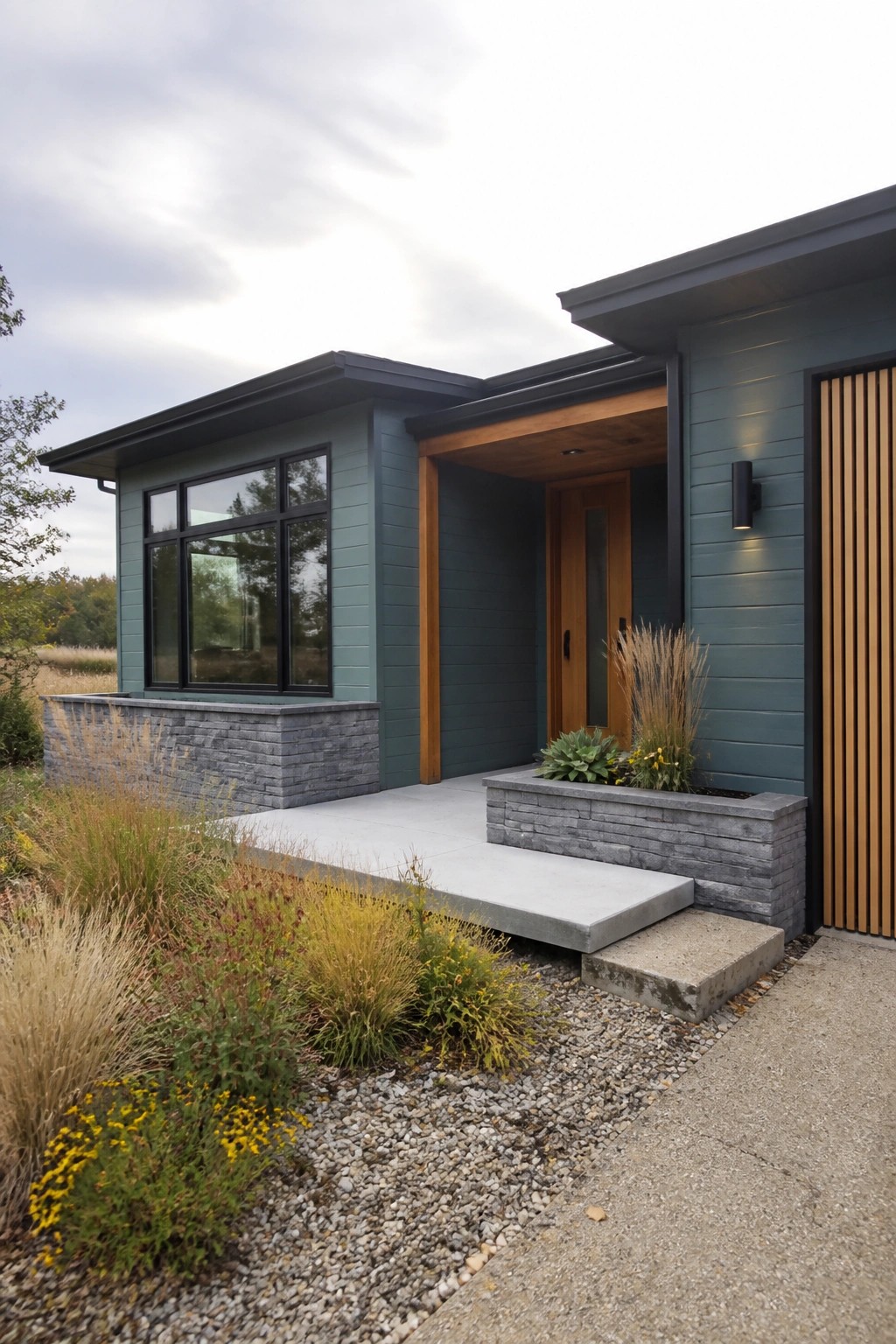 Front view of a modern teal house with gray stone veneer along the base and planter, a wooden entry door, black window frames, and concrete steps.