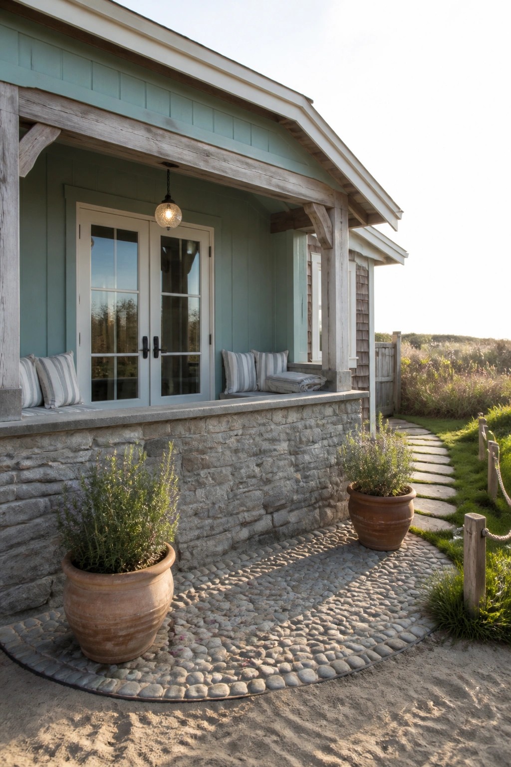Mint-green coastal cottage with white doors, stone base, terracotta pots, and cobblestone path.