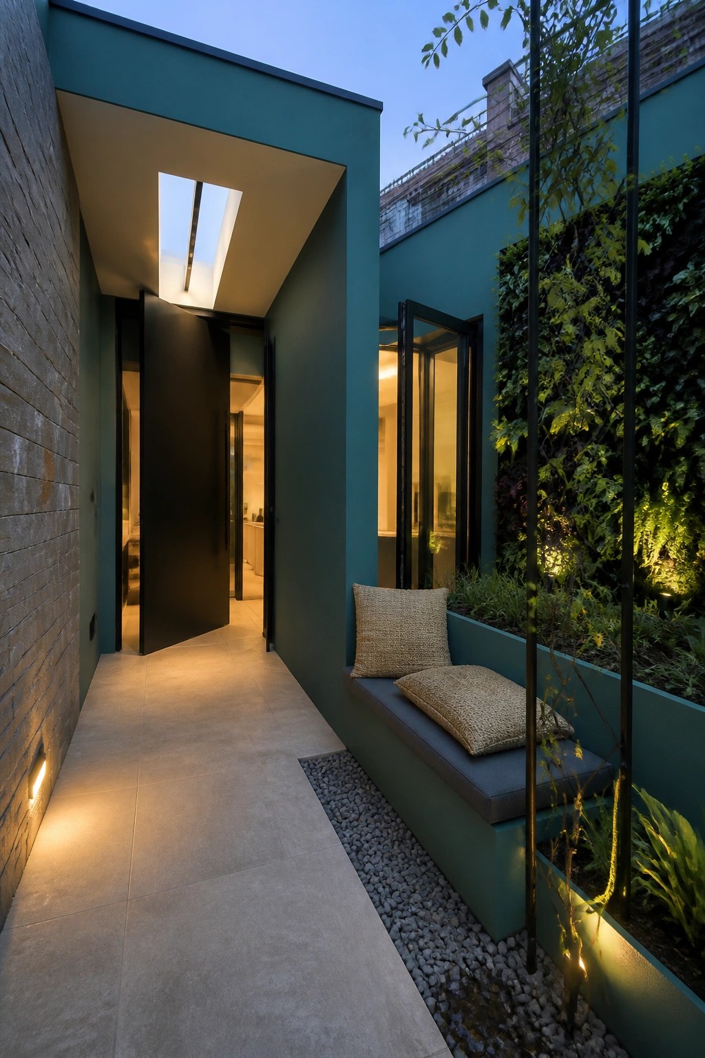 A narrow outdoor passageway with teal painted walls, gray stone veneer on the left side, a built-in bench with cushions, and a vertical garden on the right.