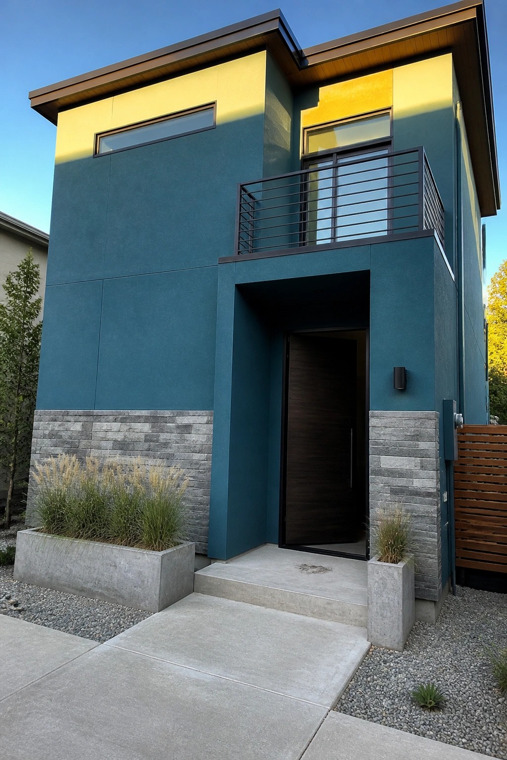 Modern teal-yellow house with open dark door, balcony, stone accents, and concrete steps.