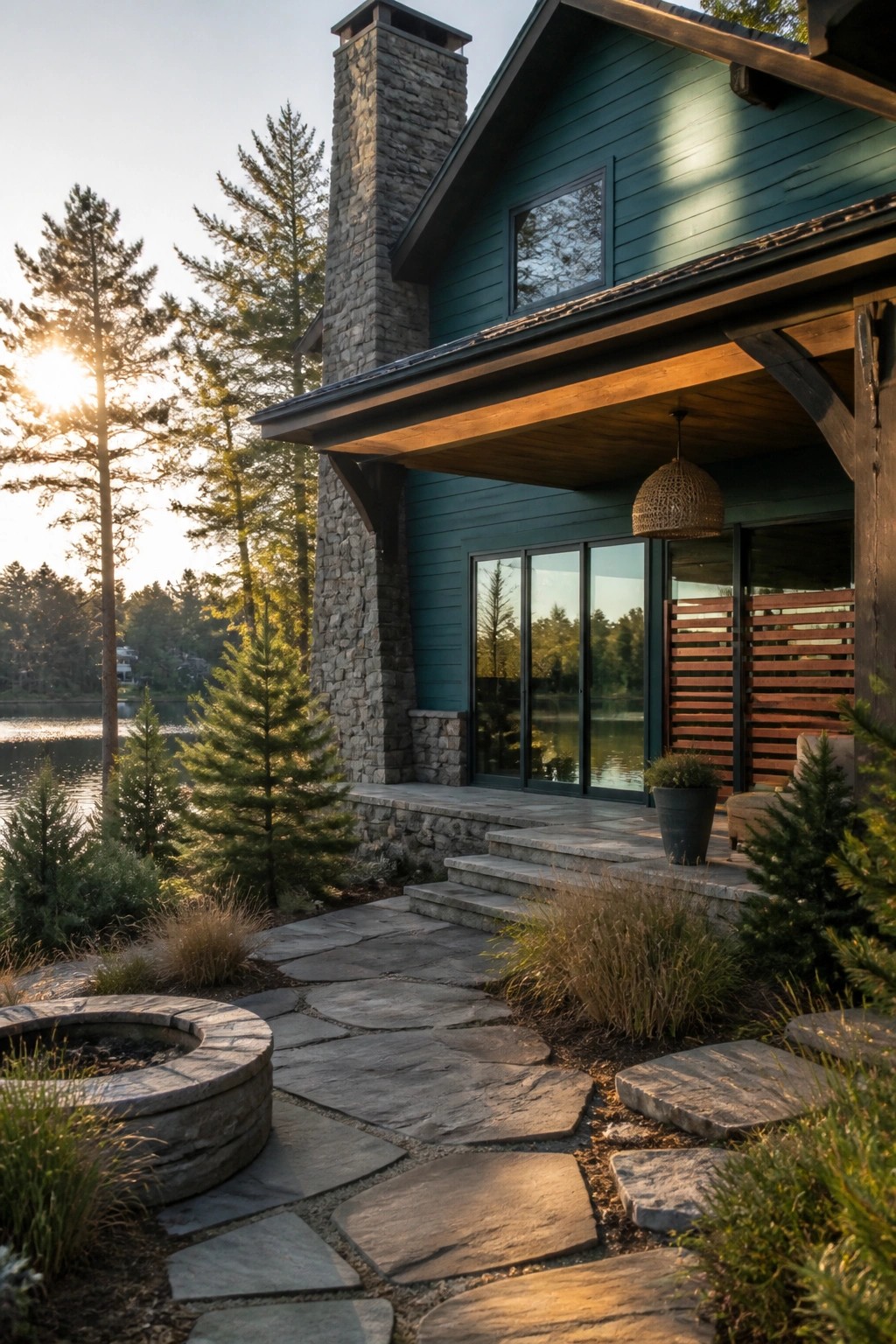 Modern teal lakeside home with stone chimney, pathway, fire pit, and pine trees at sunset