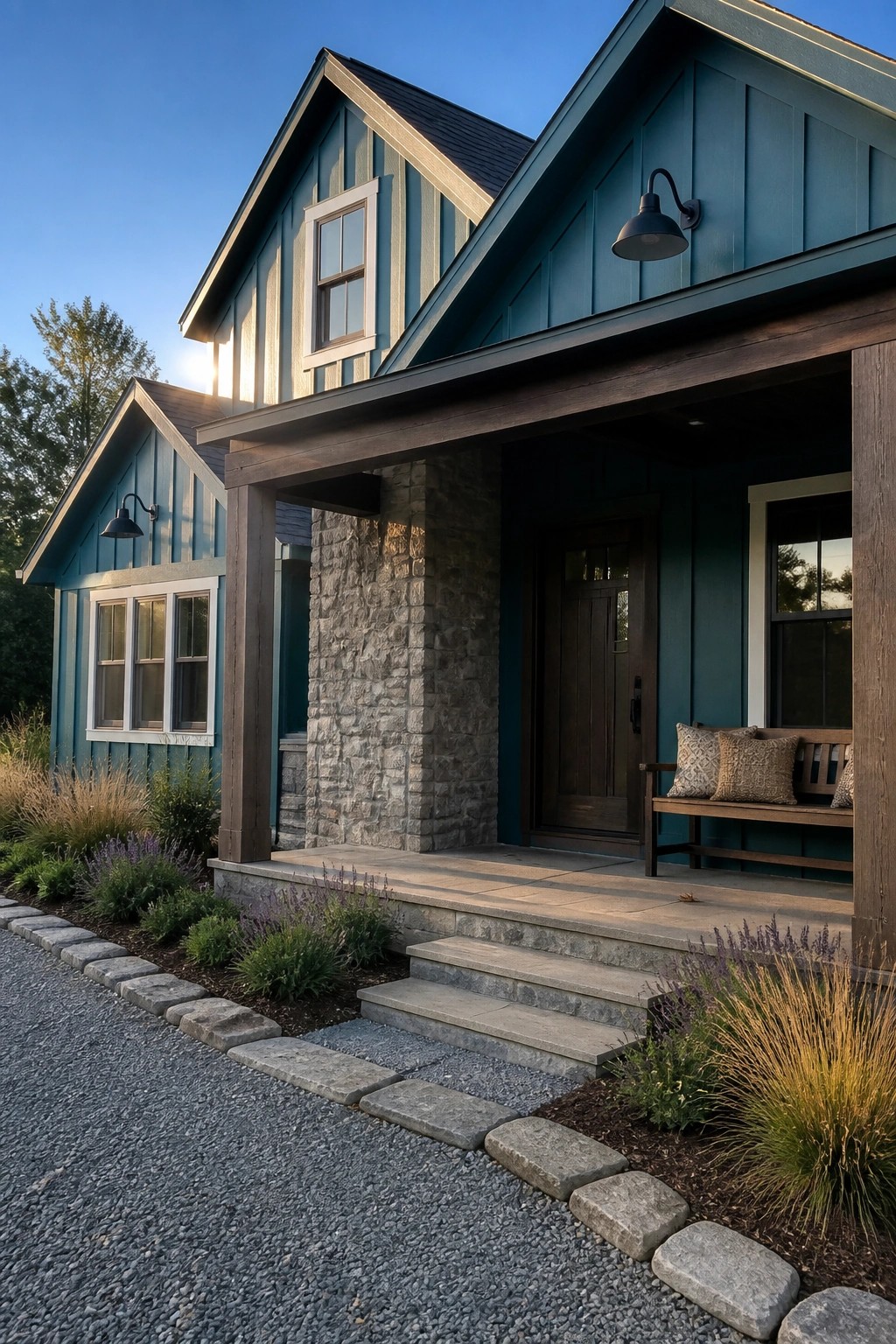 Teal wooden house with stone porch pillar, bench, steps, and gravel path