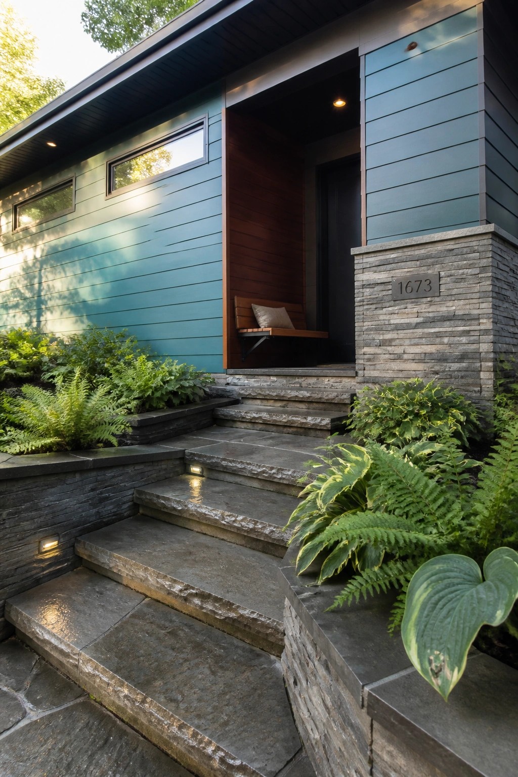 A teal house exterior with gray stone veneer on the steps and lower walls, a recessed entry with bench, and small windows.