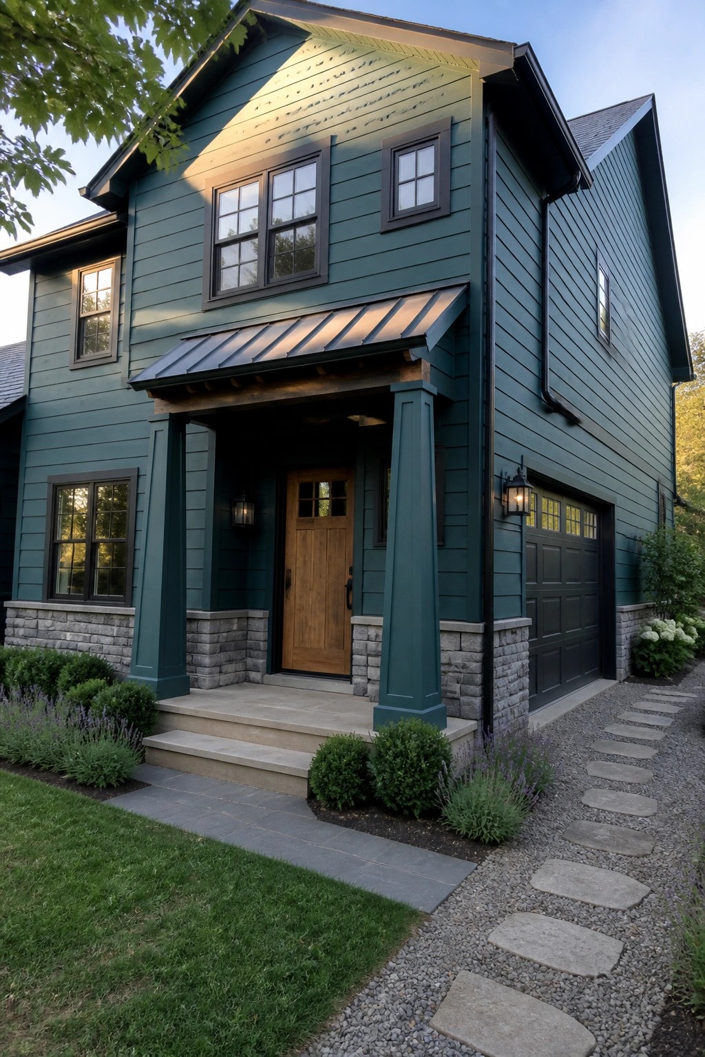 Two-story teal house with wooden door, stone columns, porch, garage, and pathway.