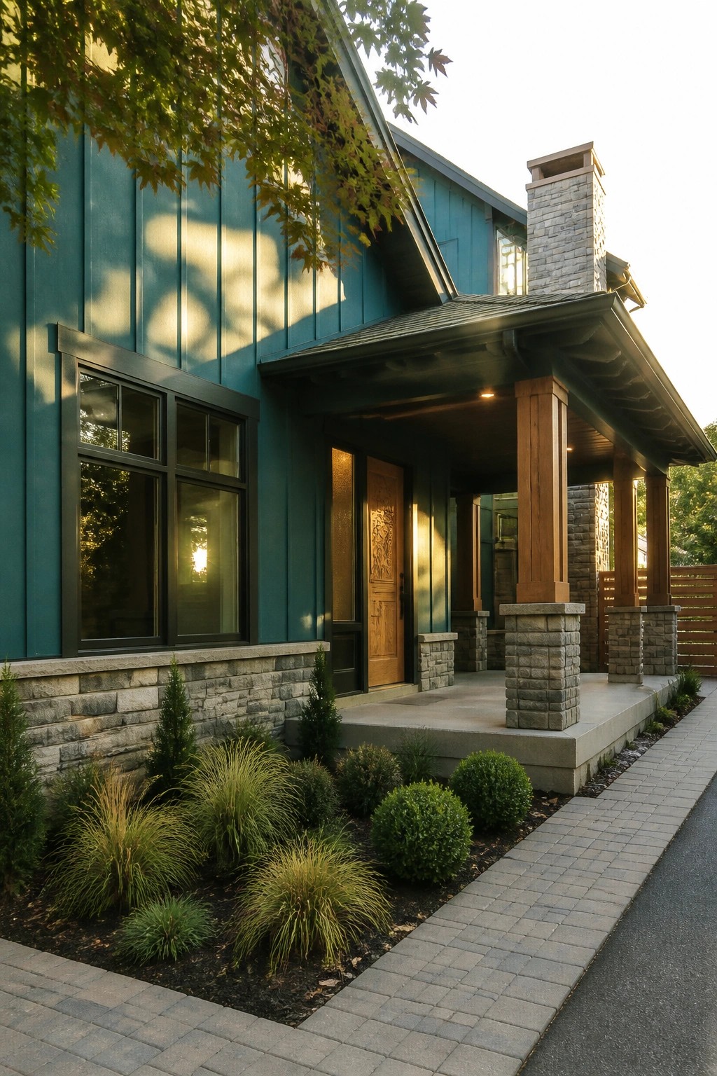 Teal house exterior with gray stone veneer along the base and porch columns, a wooden front door, and a covered entry.