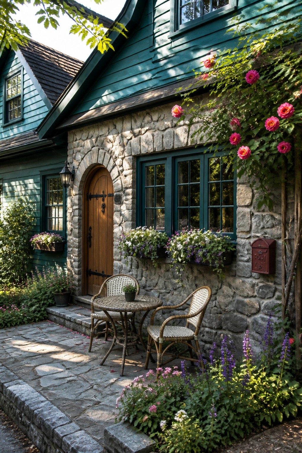 A teal house exterior with gray stone veneer around an arched wooden door and beneath teal-framed windows, with flower boxes and climbing roses.