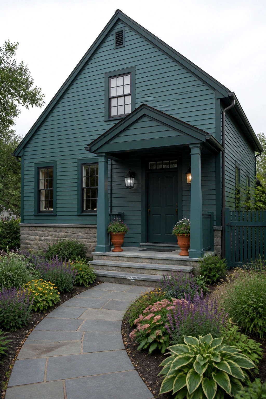 Teal gabled house with porch, stone pathway, and colorful flower garden.