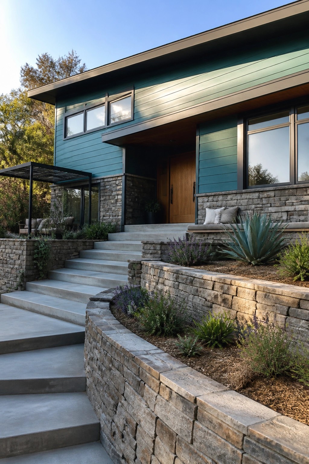 A two-story house with teal horizontal siding, gray stone veneer on the lower walls and base, a wooden front door, concrete stairs, and landscaping with agave and low plants.