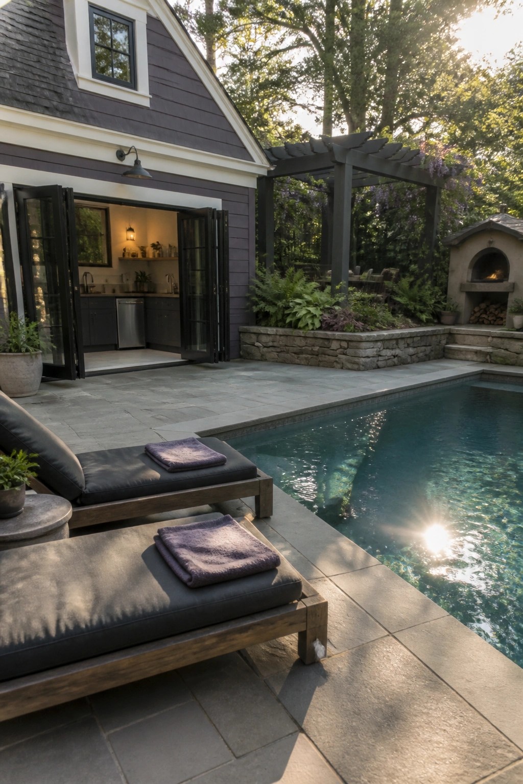 Two lounge chairs with purple towels beside backyard swimming pool and open kitchen