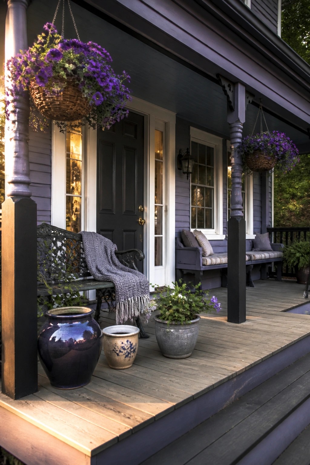 Purple porch with hanging flower baskets, wooden bench, pillows, and ceramic pots.