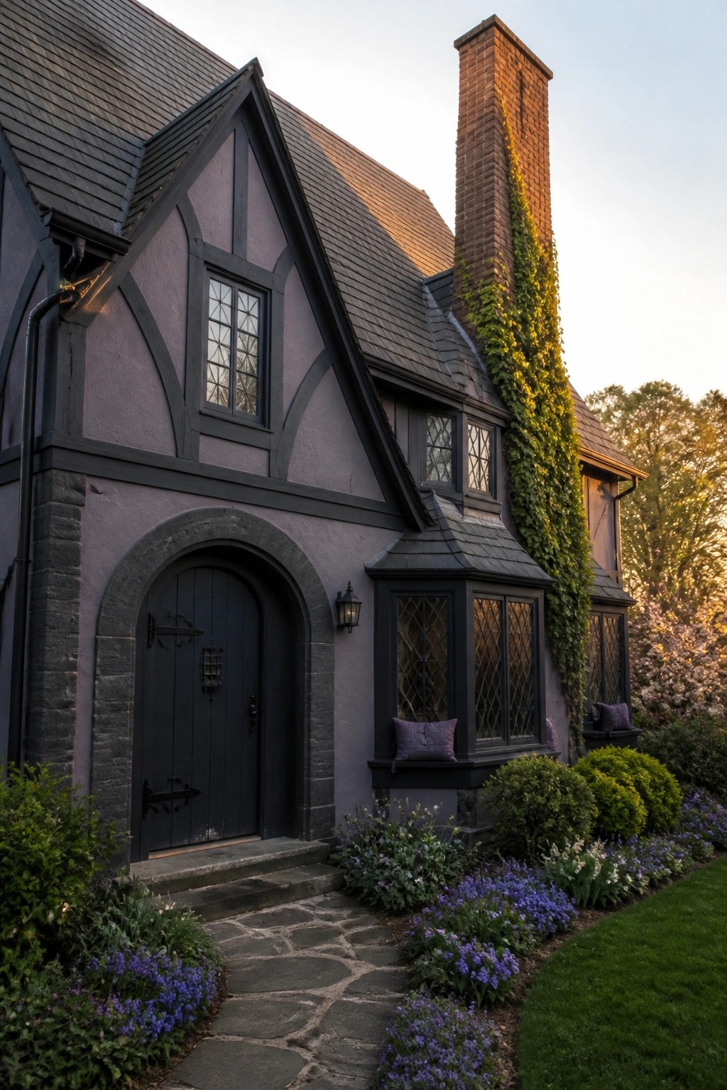 Purple Tudor house with arched door, bay windows, ivy chimney, and flower-lined path.