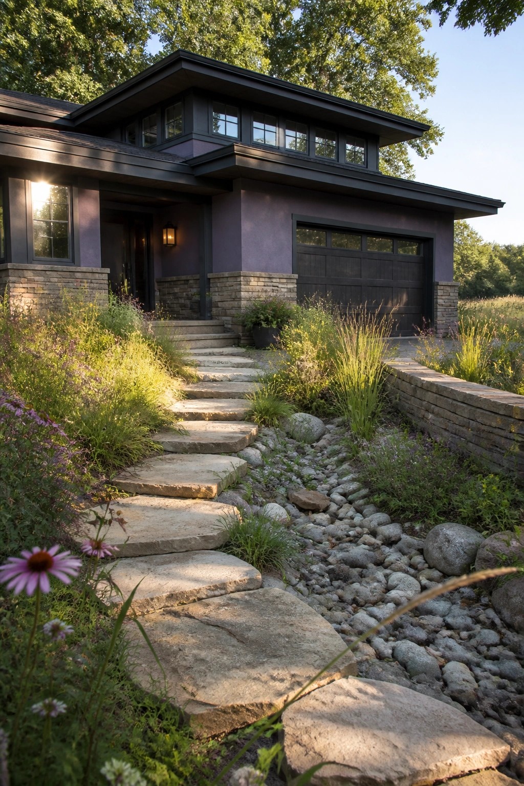 Modern purple house with stone steps, wildflowers, rocks and attached garage.