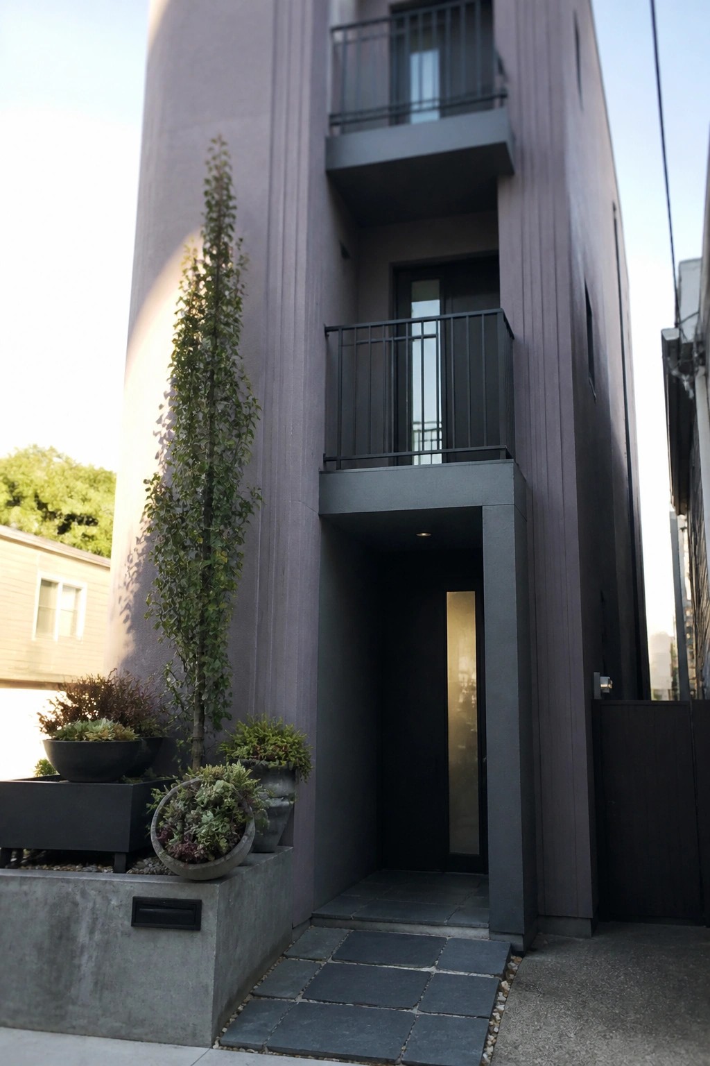 A narrow modern house with purple-gray siding, black balconies and door, recessed entry, and concrete planters holding succulents at the front.