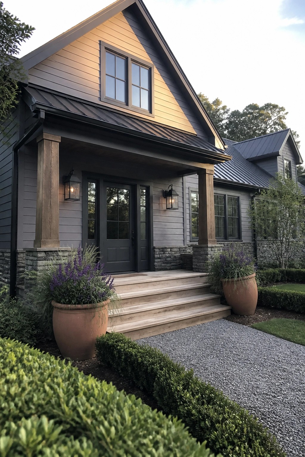 A house with purple-gray siding, charcoal roof and trim, black double doors under a porch supported by wooden posts, and large terracotta pots beside the steps.