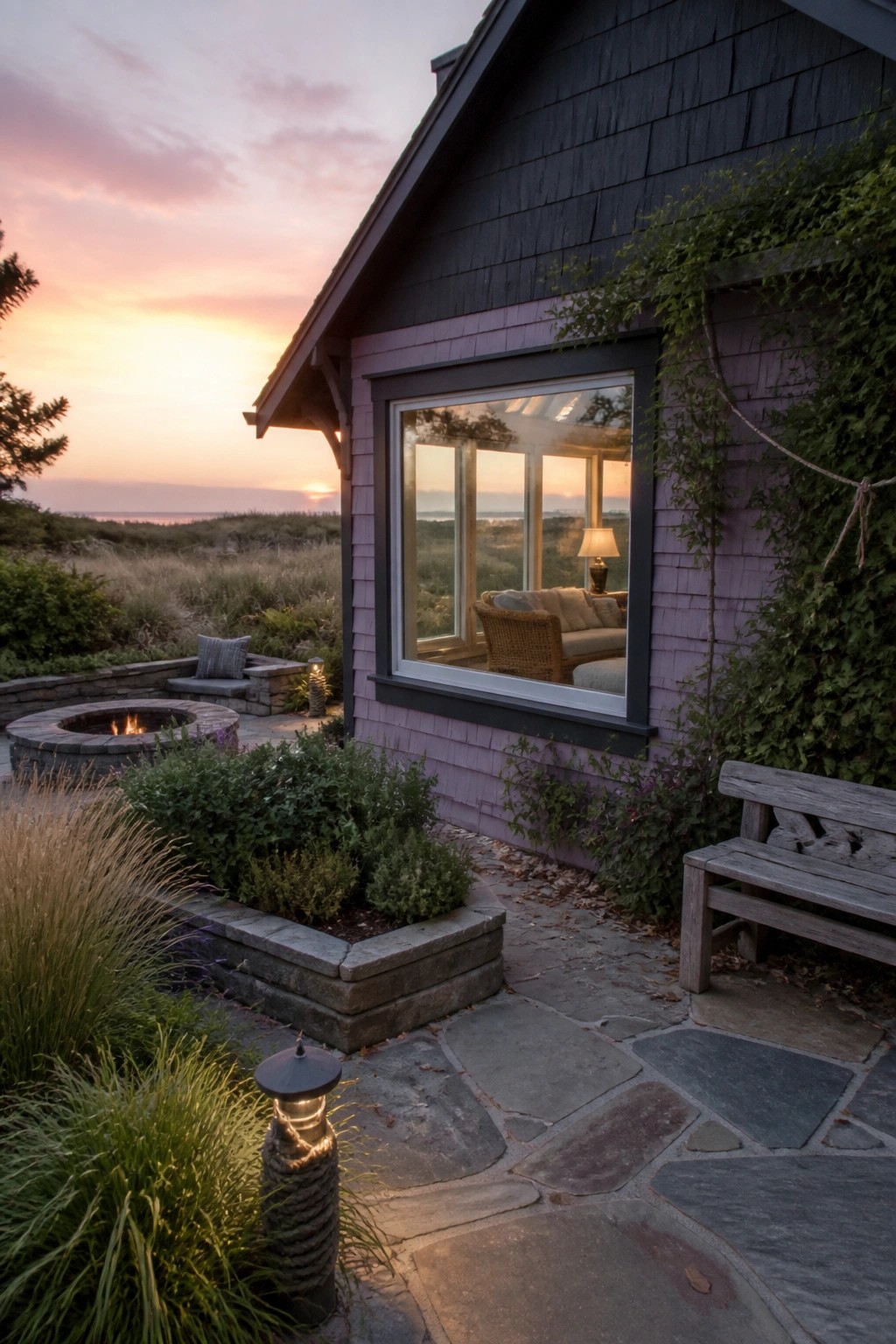 Purple cottage with window to ocean, stone patio, fire pit at sunset.