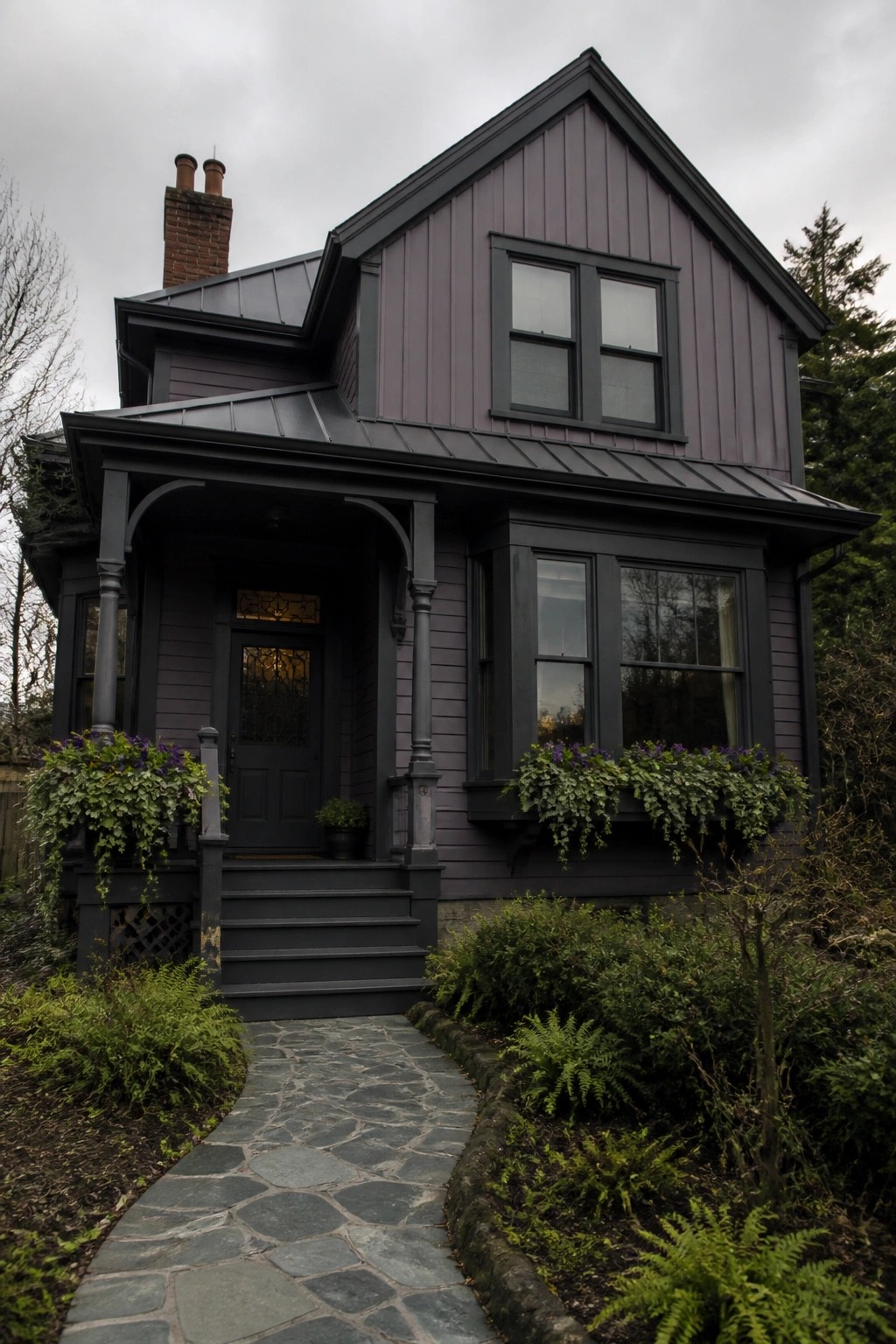 A two-story house with purple-gray siding, black trim, a dark metal roof, and a stone pathway leading to the front porch.