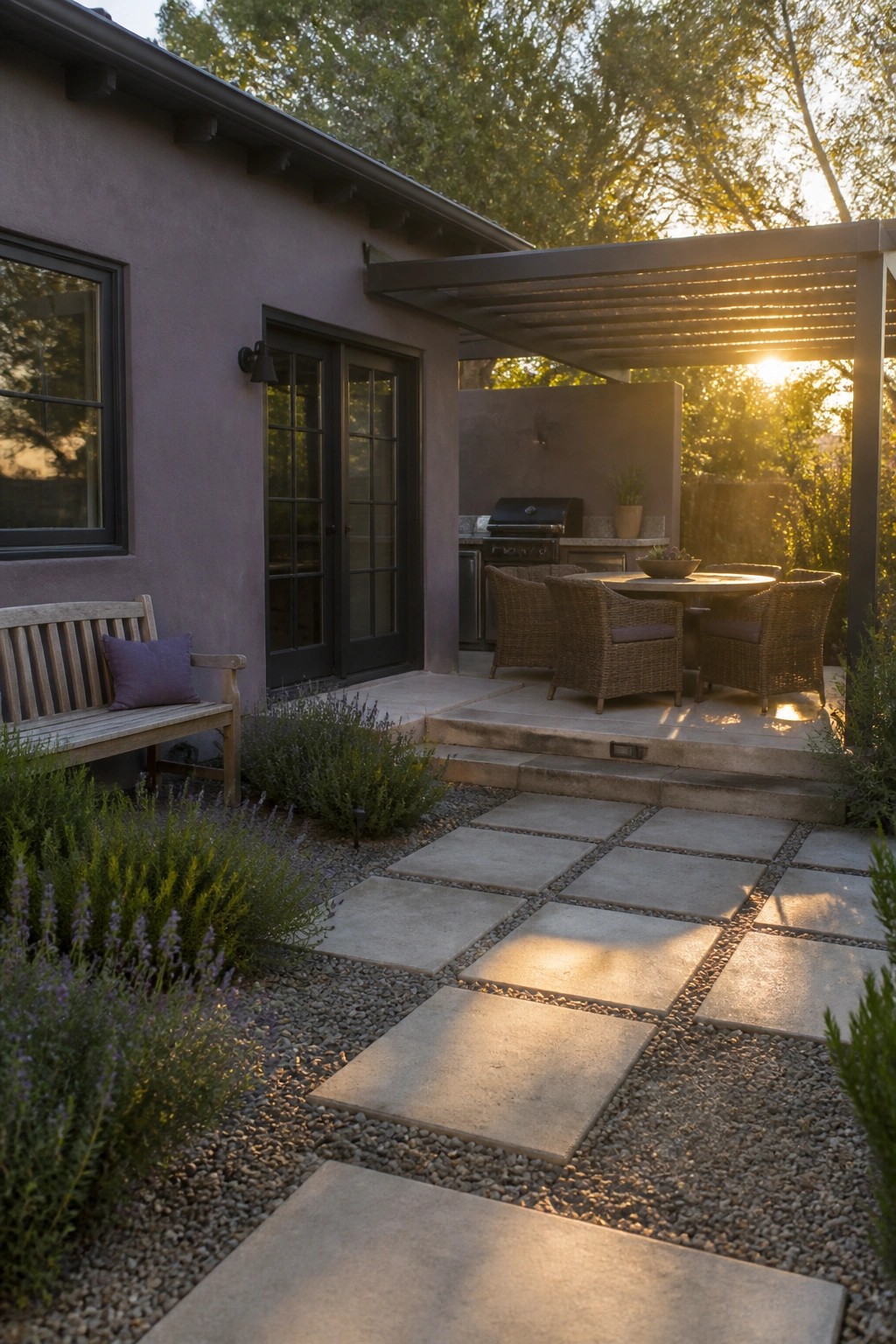 Purple house patio with stone path, wicker chairs, grill, and sunset glow.