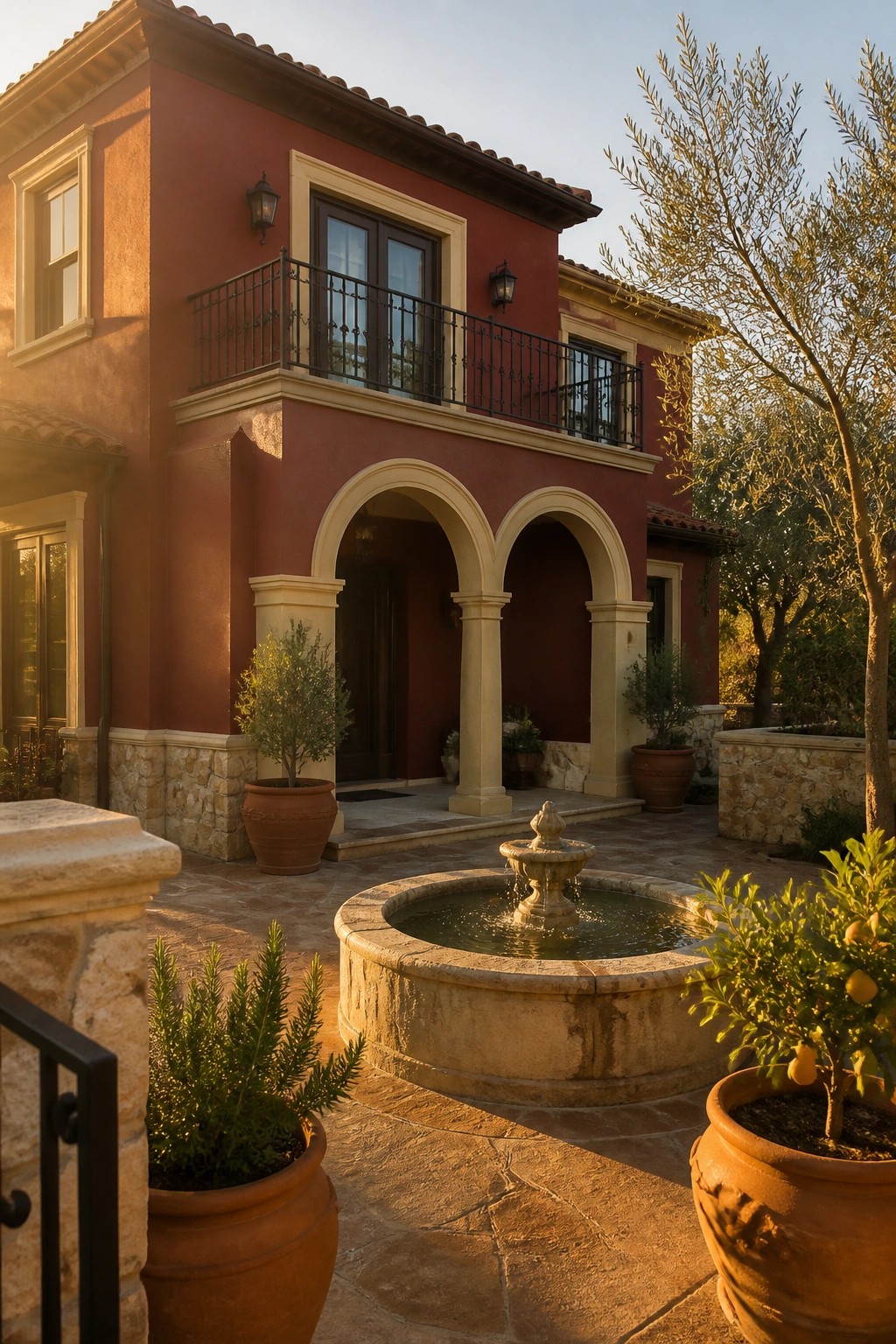 A two-story wine red stucco house with cream trim features a double-arched entry supported by stone columns and a circular stone fountain in the paved courtyard.