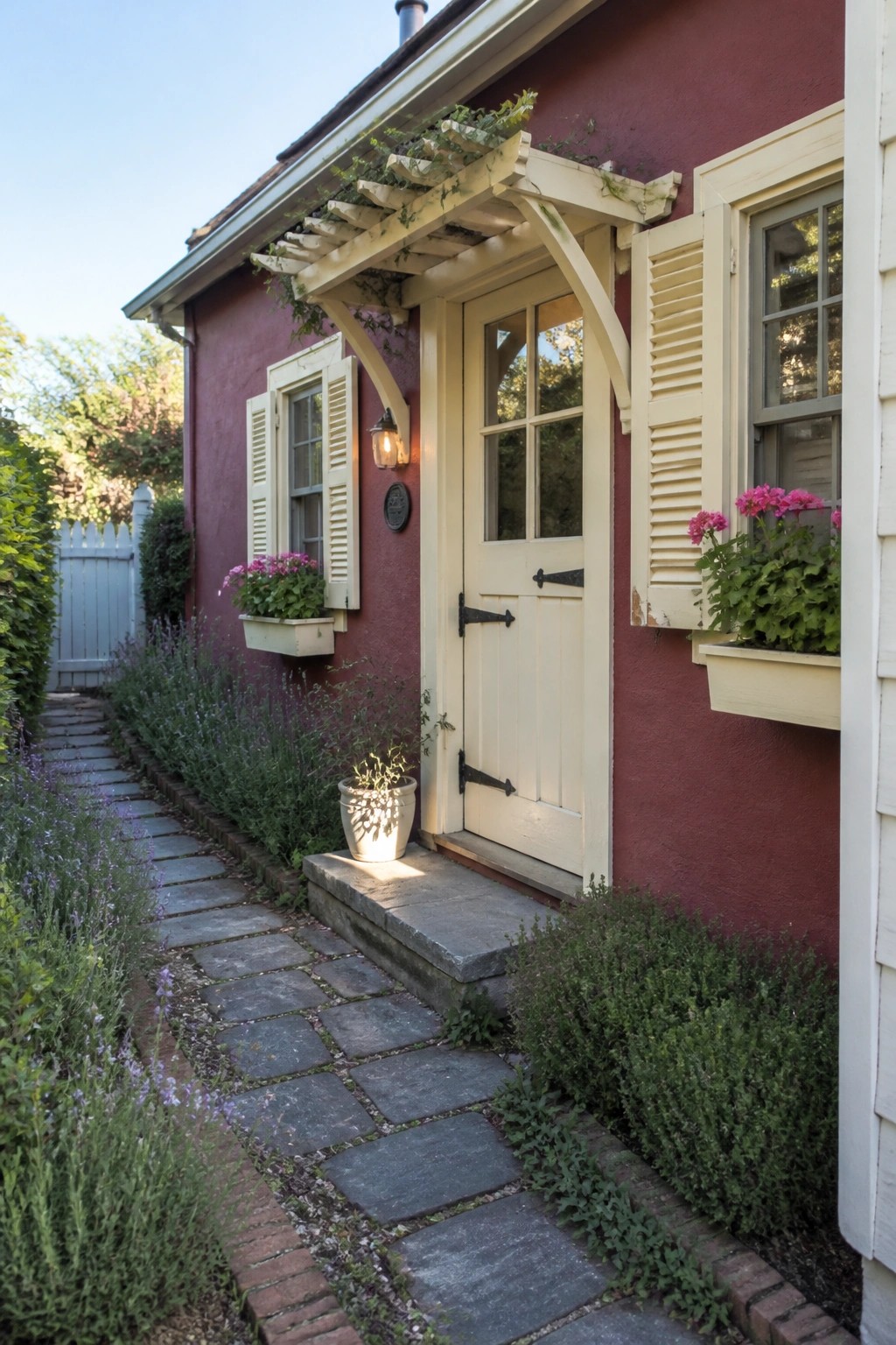 Red cottage with cream door and shutters, flower boxes, and lavender-lined stone path.