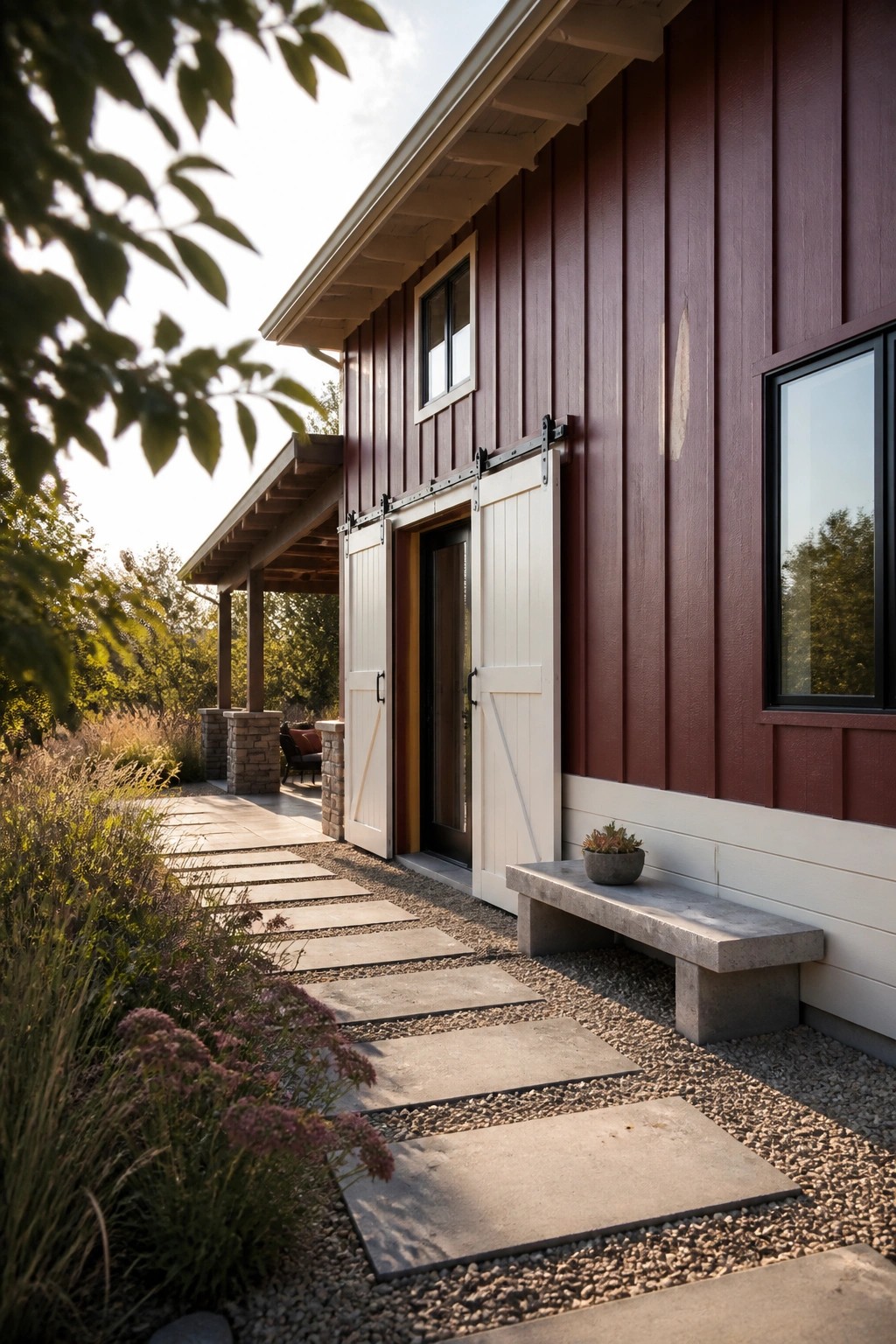 Red wooden house with white barn doors, stone path, and concrete bench