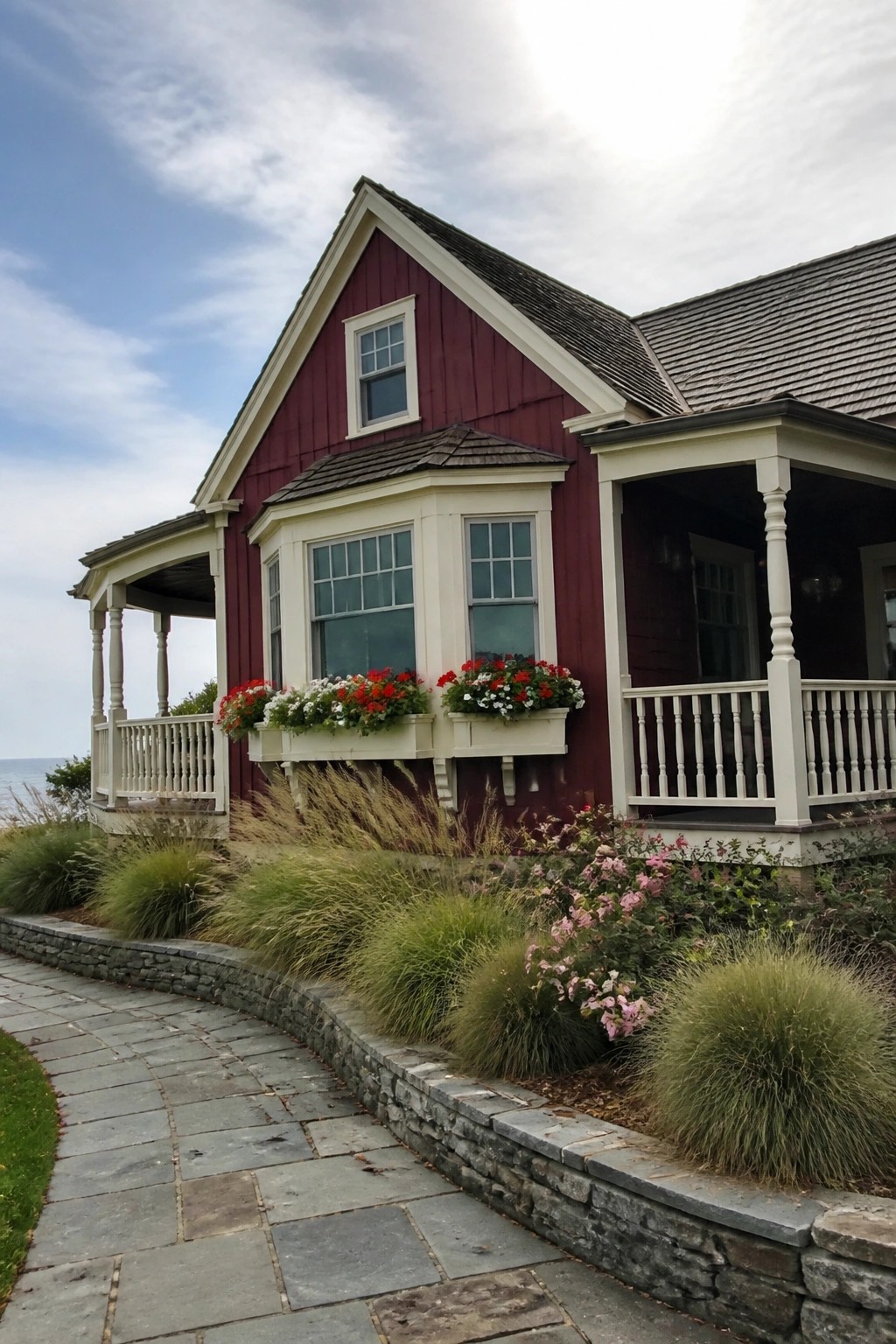 A two-story house with wine red siding, cream trim around windows and rooflines, flower boxes, a porch, and a stone path in the foreground.