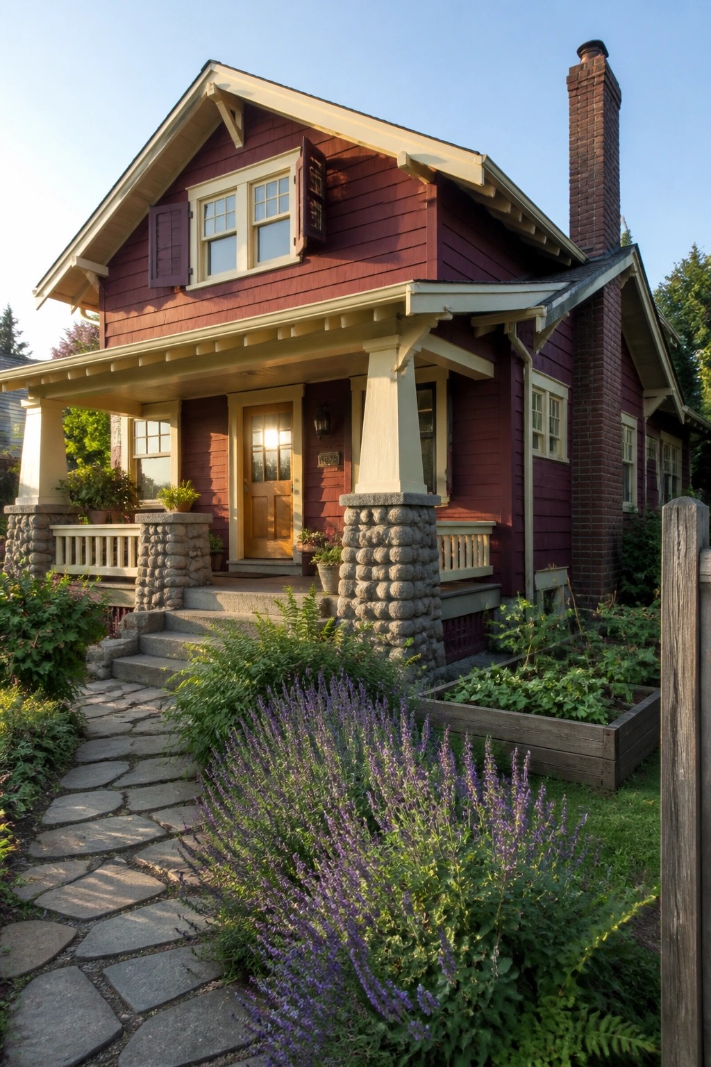 Red wooden house with porch, stone path, chimney, and purple flowers in garden