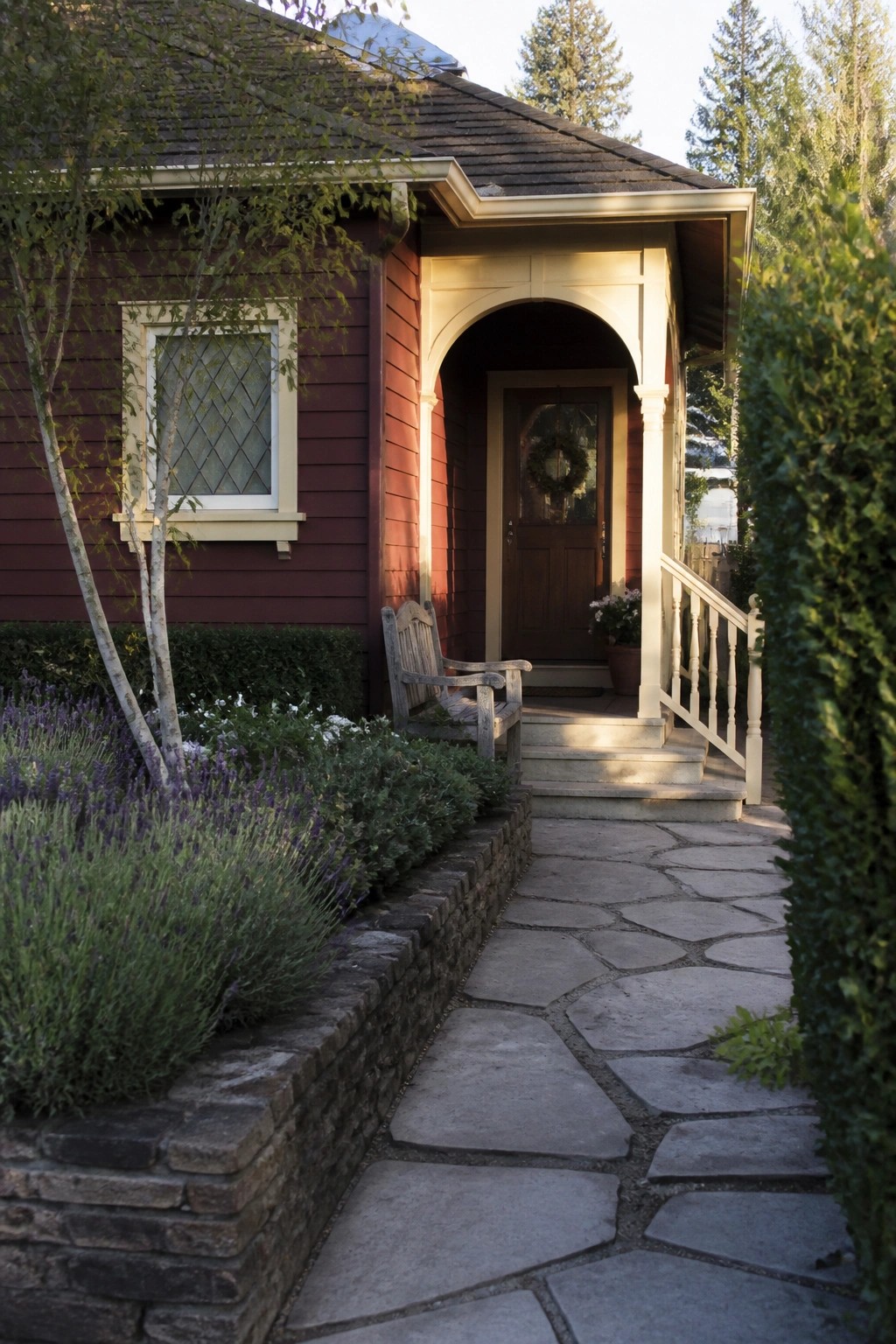 A red wooden house with cream trim, an arched porch entry, a wooden front door with a wreath, and a stone pathway beside a garden bed.