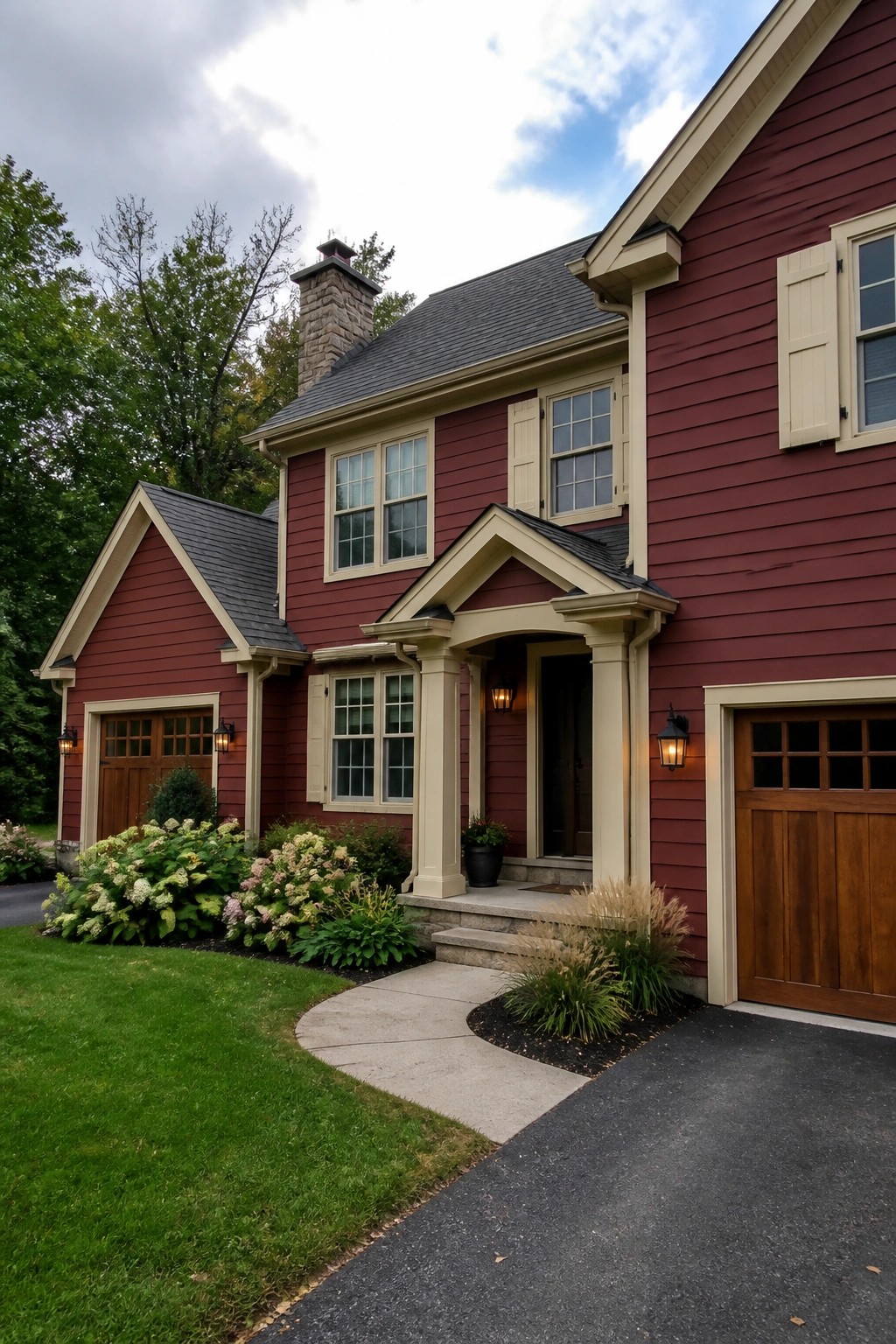 A two-story house with wine red siding, cream trim around windows and doors, a columned front portico, and a wooden garage door on the right.